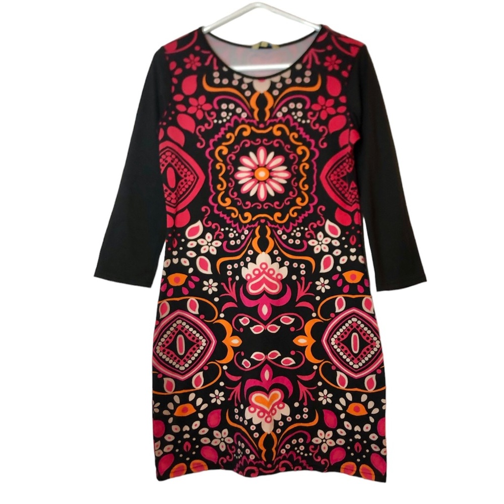 Global Desi Dress Long Sleeve Floral Retro Pattern Size Small